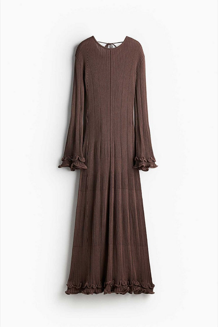 Brown Frilled Trim Flare Sleeve Pleated Backless Knit Sweater Maxi Dress - Sophia