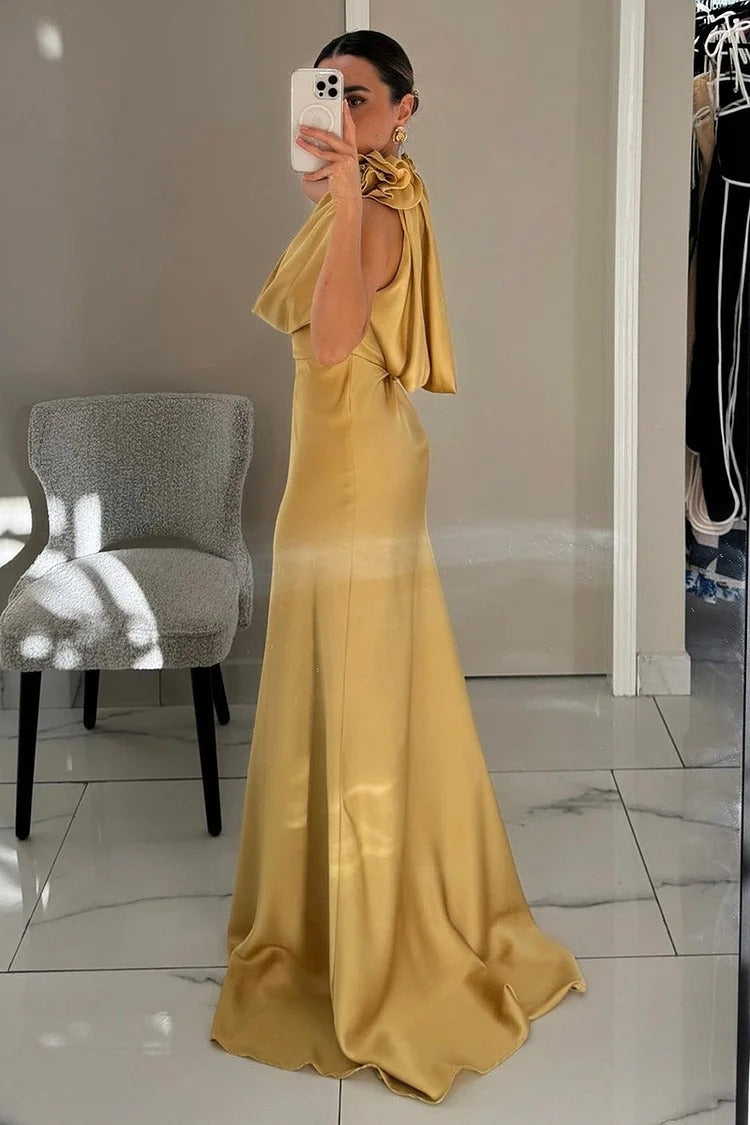 Gold Rosette Cinch Waist Maxi Dress - Sophia