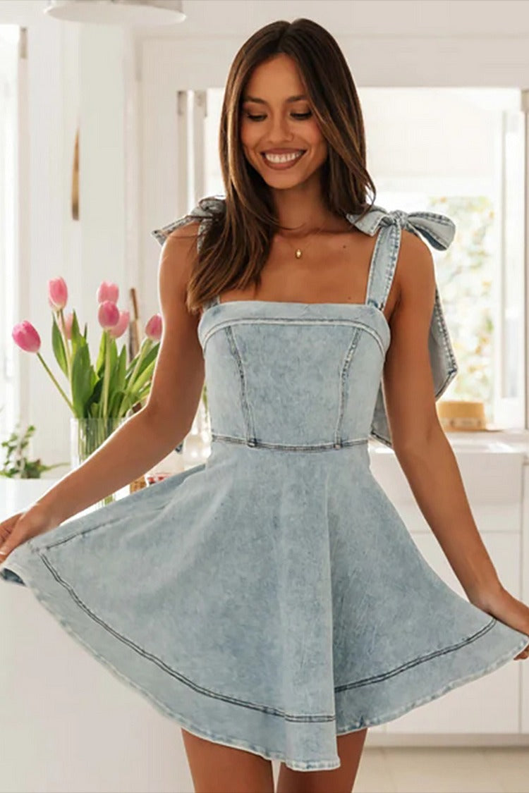 Blue Tied Bow Wide Strap Denim Dress - Emma