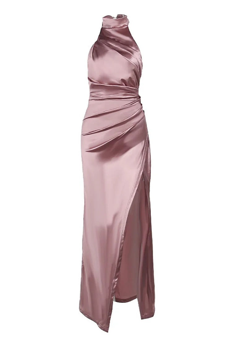 Black Satin High Neck High Slit Maxi Dress - Isabella