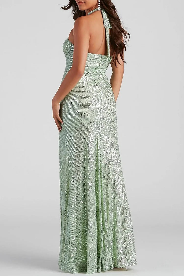 Blue Sequin Halter Maxi Dress - Ava
