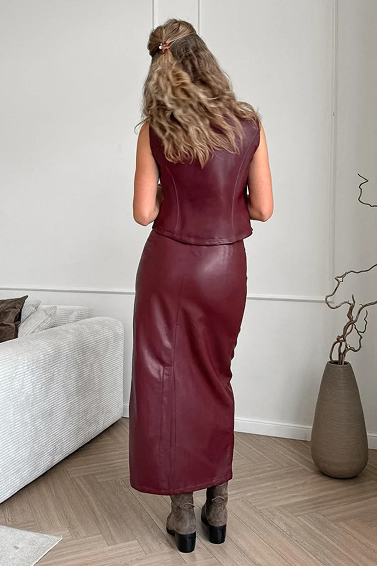Burgundy V-Neck Sleeveless Vest & Midi Skirt Set - Olivia