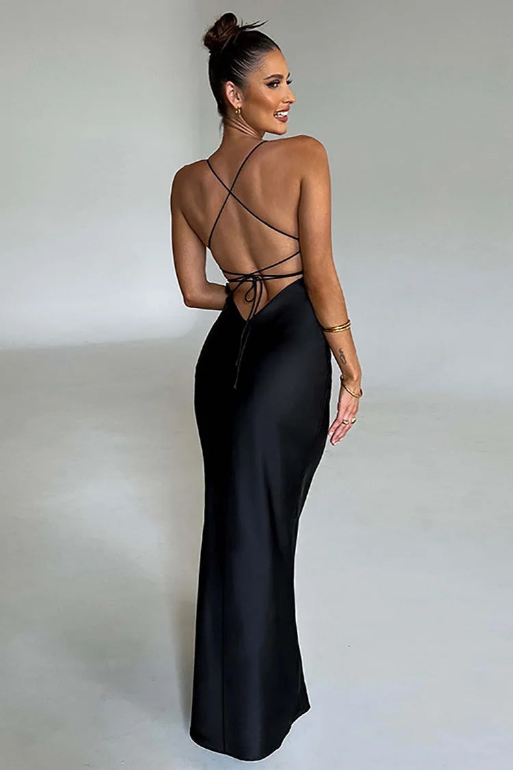 Red Satin Lace-Up Maxi Dress - Isabella