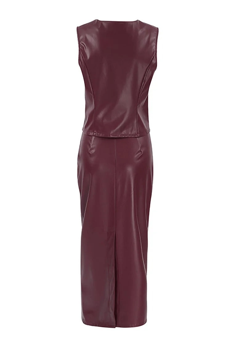 Burgundy V-Neck Sleeveless Vest & Midi Skirt Set - Olivia