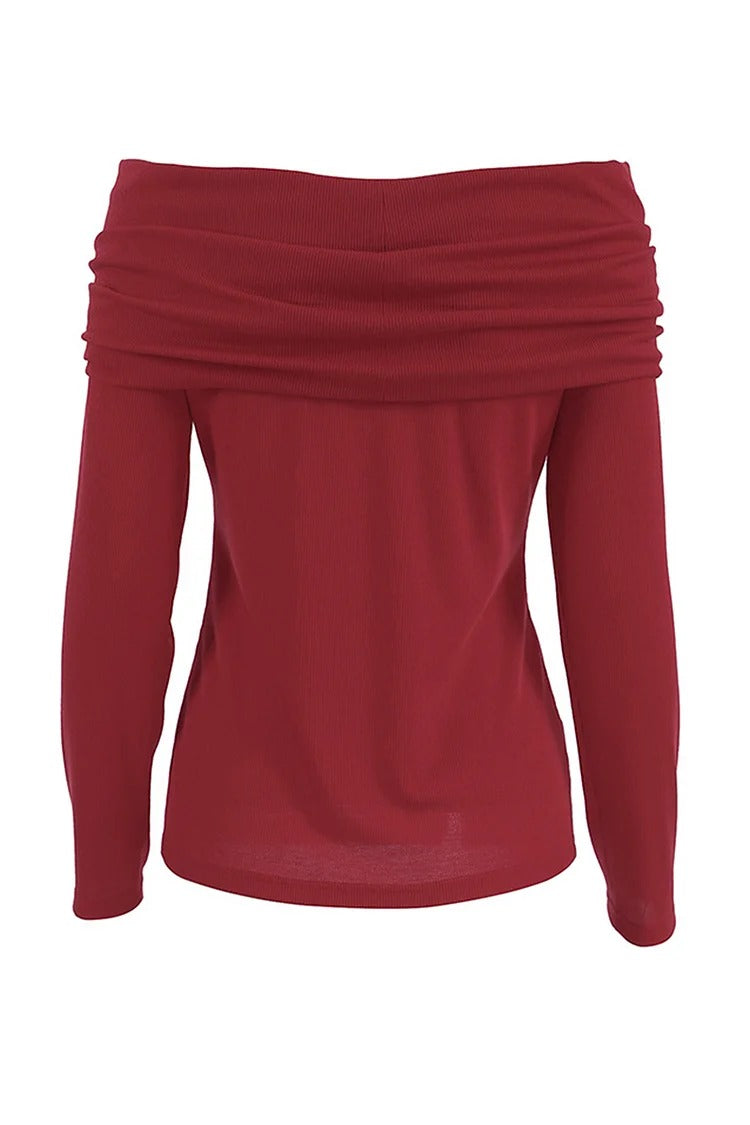 Red Fold-Over Boat Neck Knit Sweater - Clara