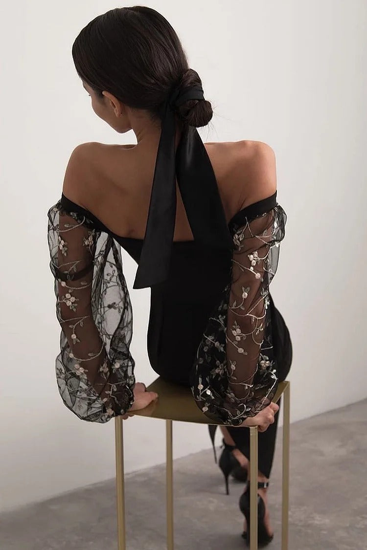 White Embroidered Lantern Sleeve Midi - Clara