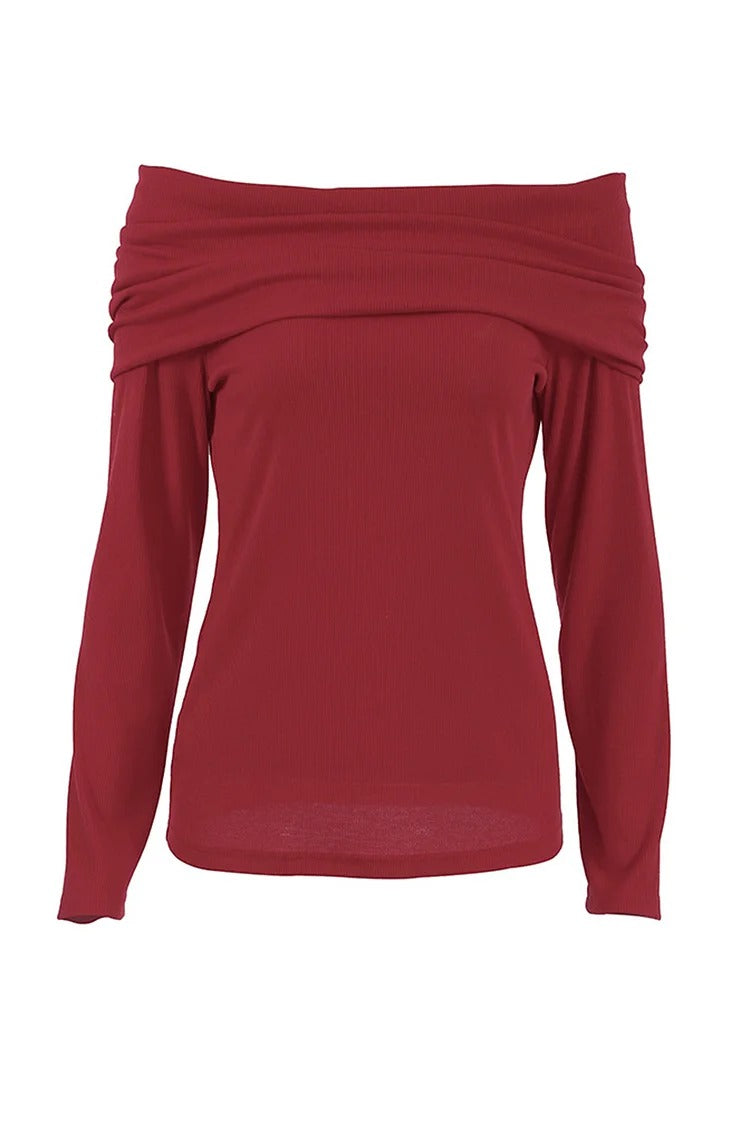 Red Fold-Over Boat Neck Knit Sweater - Clara