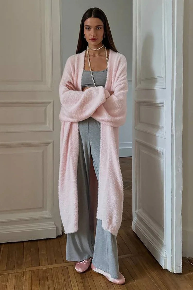 Pink Fuzzy Lantern Sleeve Cardigan - Amara