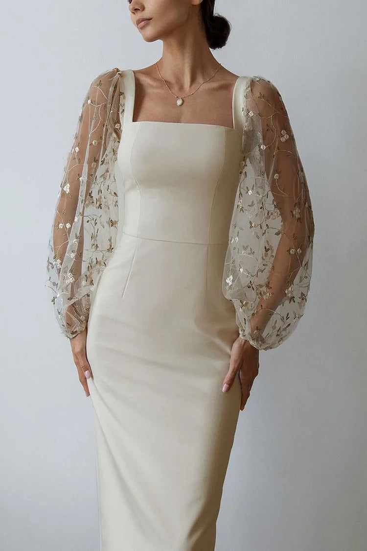 White Embroidered Lantern Sleeve Midi - Clara