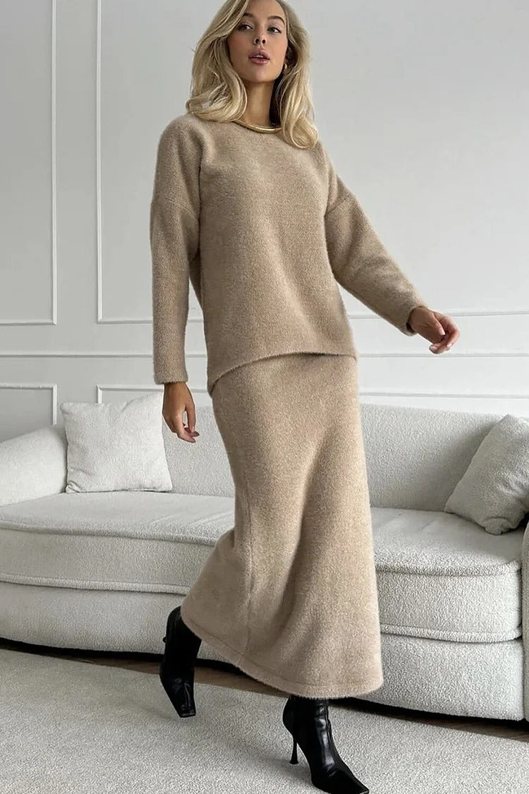 Khaki Knit Fishtail Skirt Sweater Set - Olivia