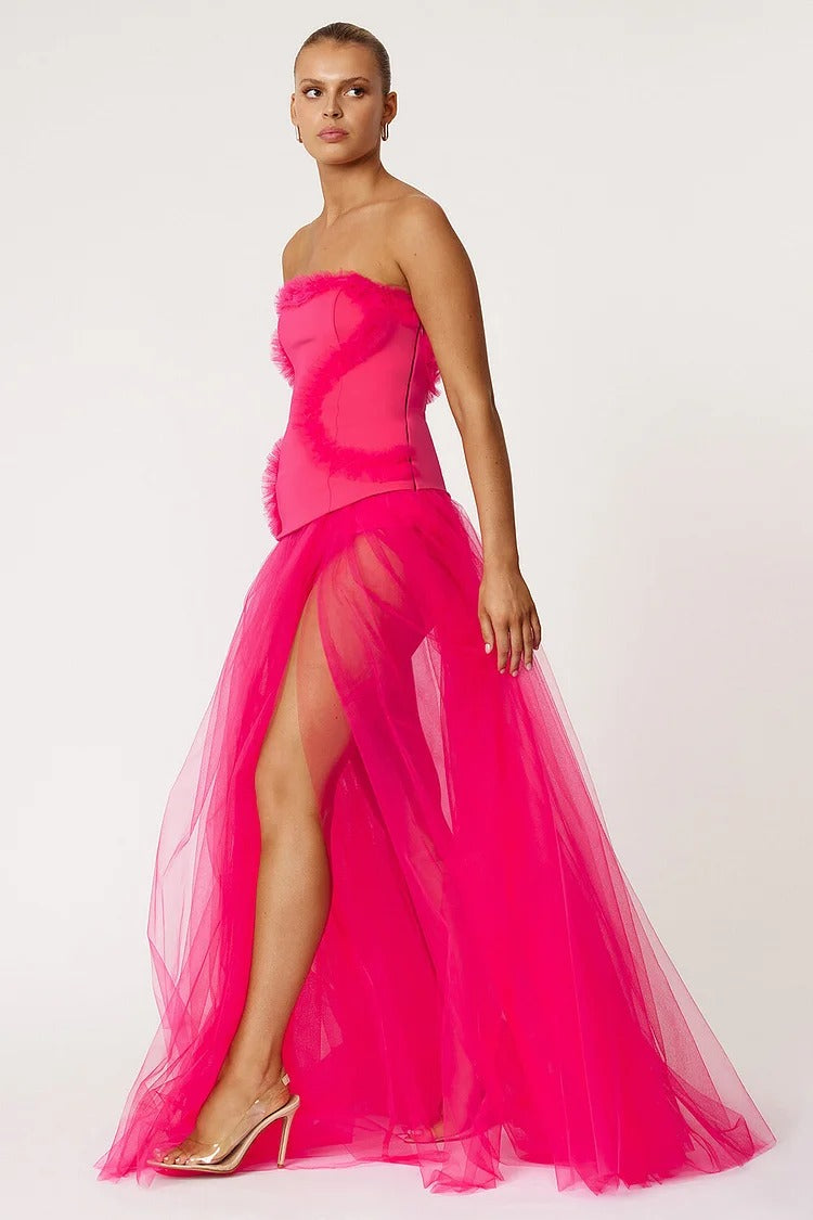 Deep Pink Frilled Tulle Patchwork Gown - Scarlett