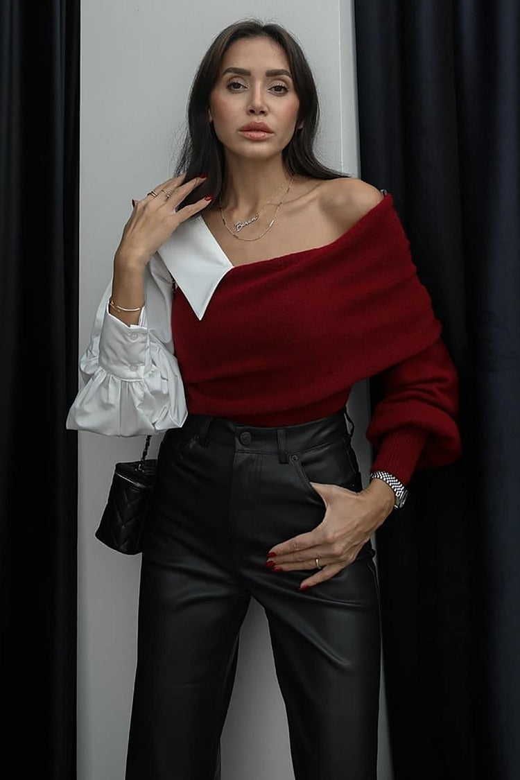 Red Lantern Sleeve Colorblock Knit Sweater - Clara
