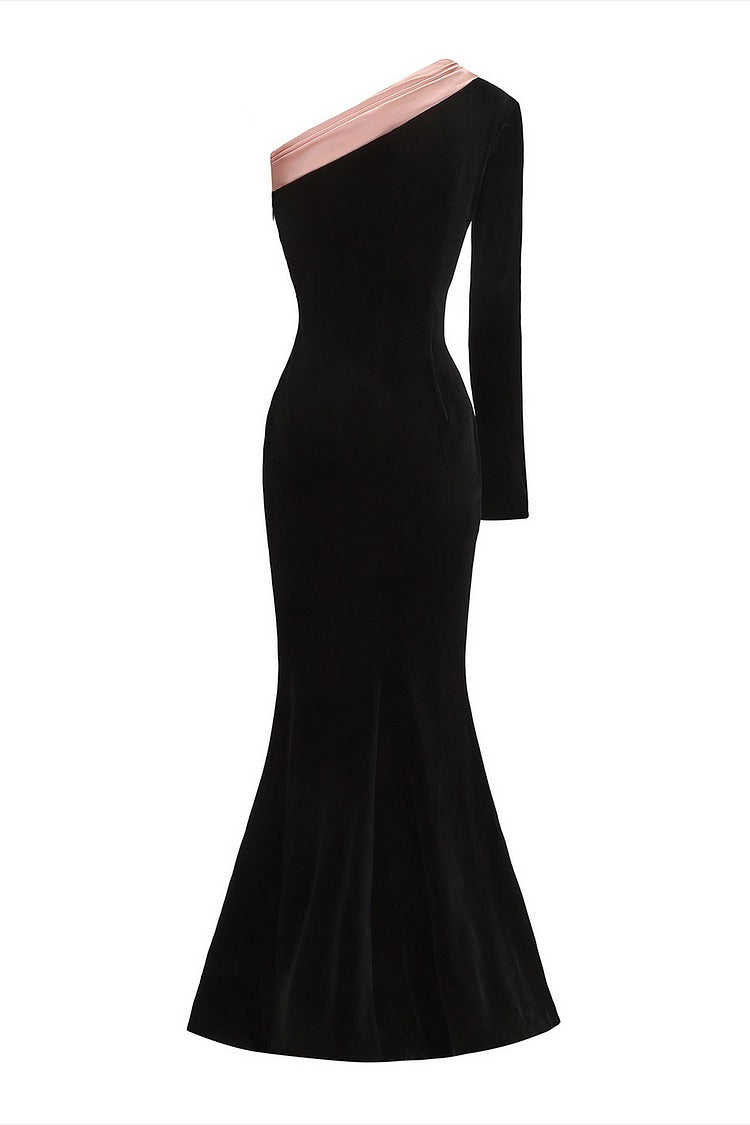 Black Velvet One-Shoulder Fishtail Dress - Harper