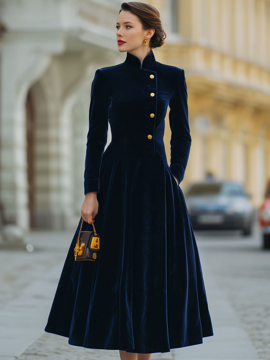 Sloane™ | Velvet A-Line Dress with Gold Details