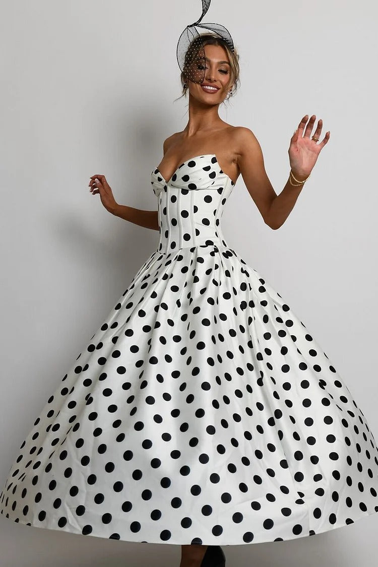 White Polka Dot Corset Maxi Dress - Vivienne