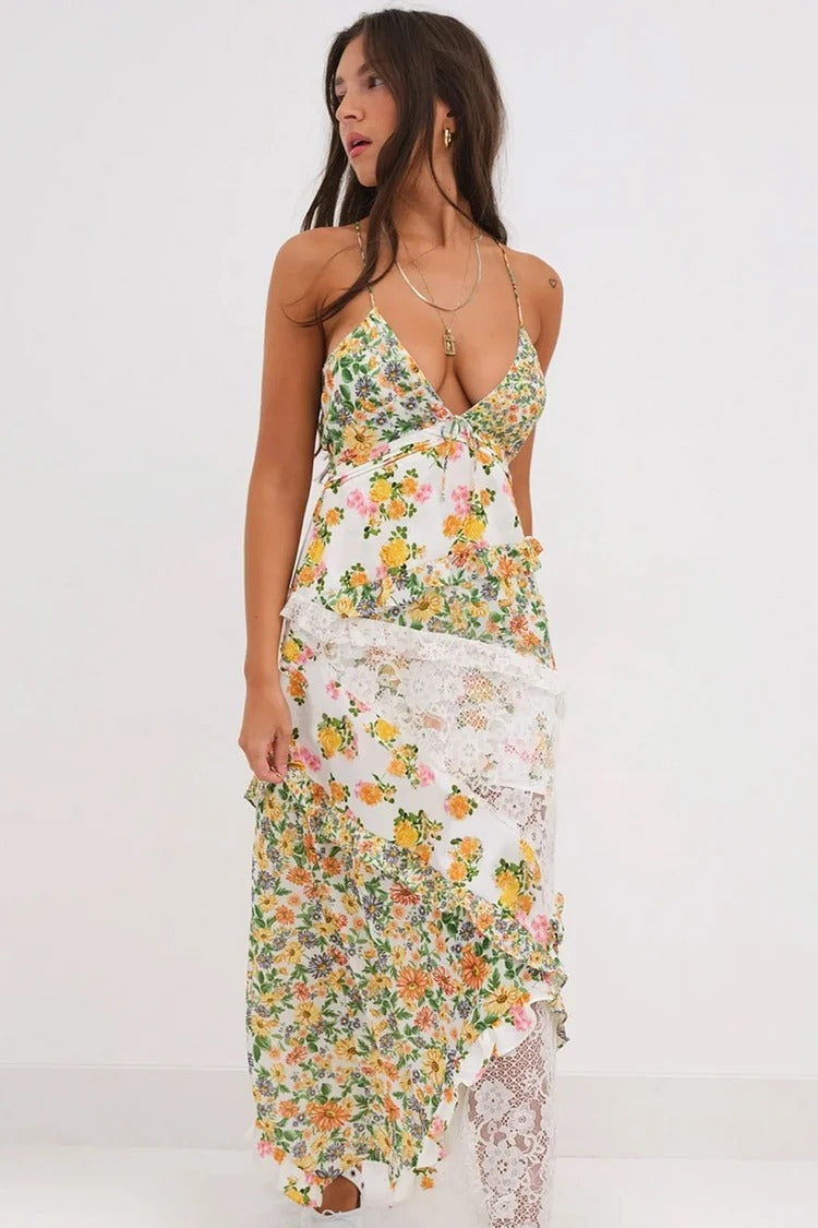 Green Floral Lace Slip Dress - Elara