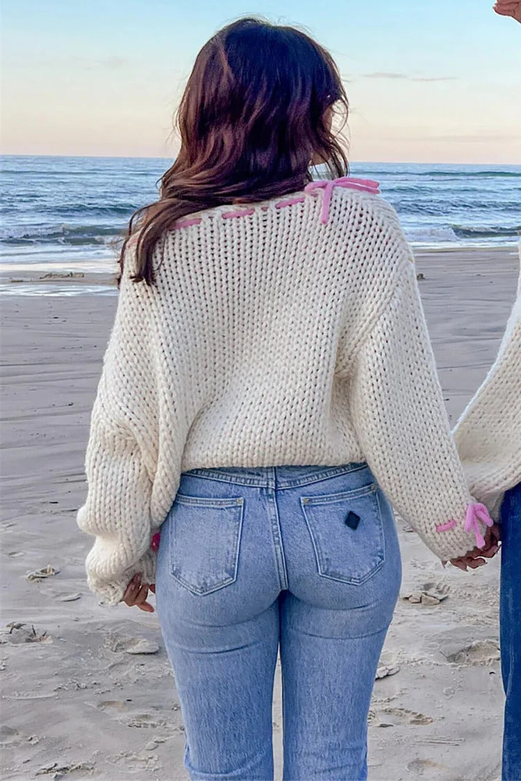 Beige Colorblock Tie-Up Knit Sweater - Ava