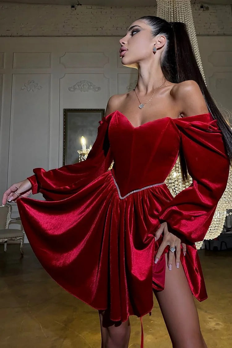 Red Off Shoulder Lantern Sleeve Velvet Corset Dress - Isabella