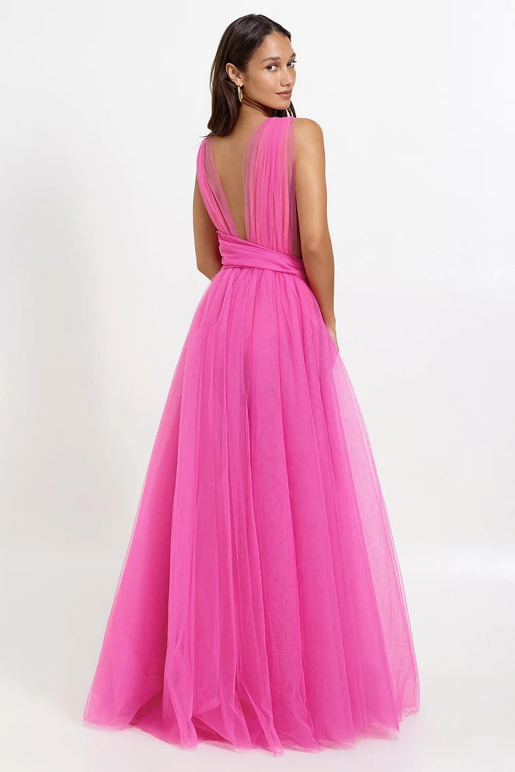 Pink Cinch Waist Tulle Maxi Dress - Lily