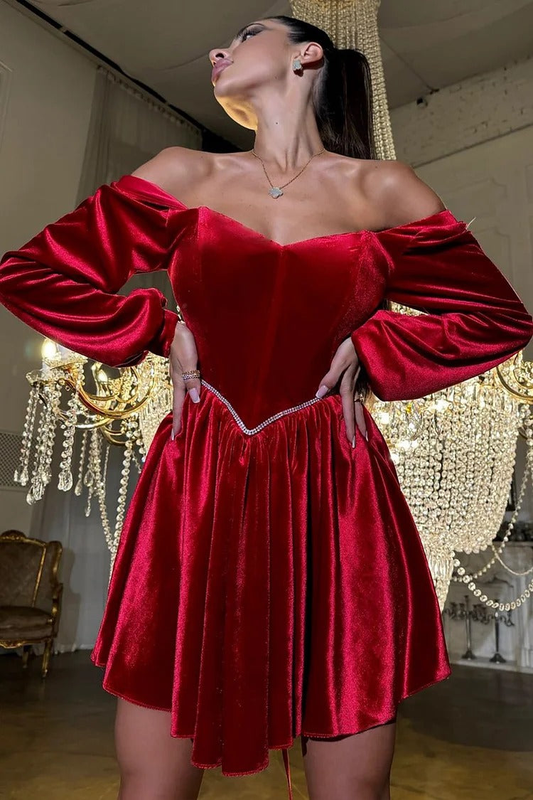 Red Off Shoulder Lantern Sleeve Velvet Corset Dress - Isabella