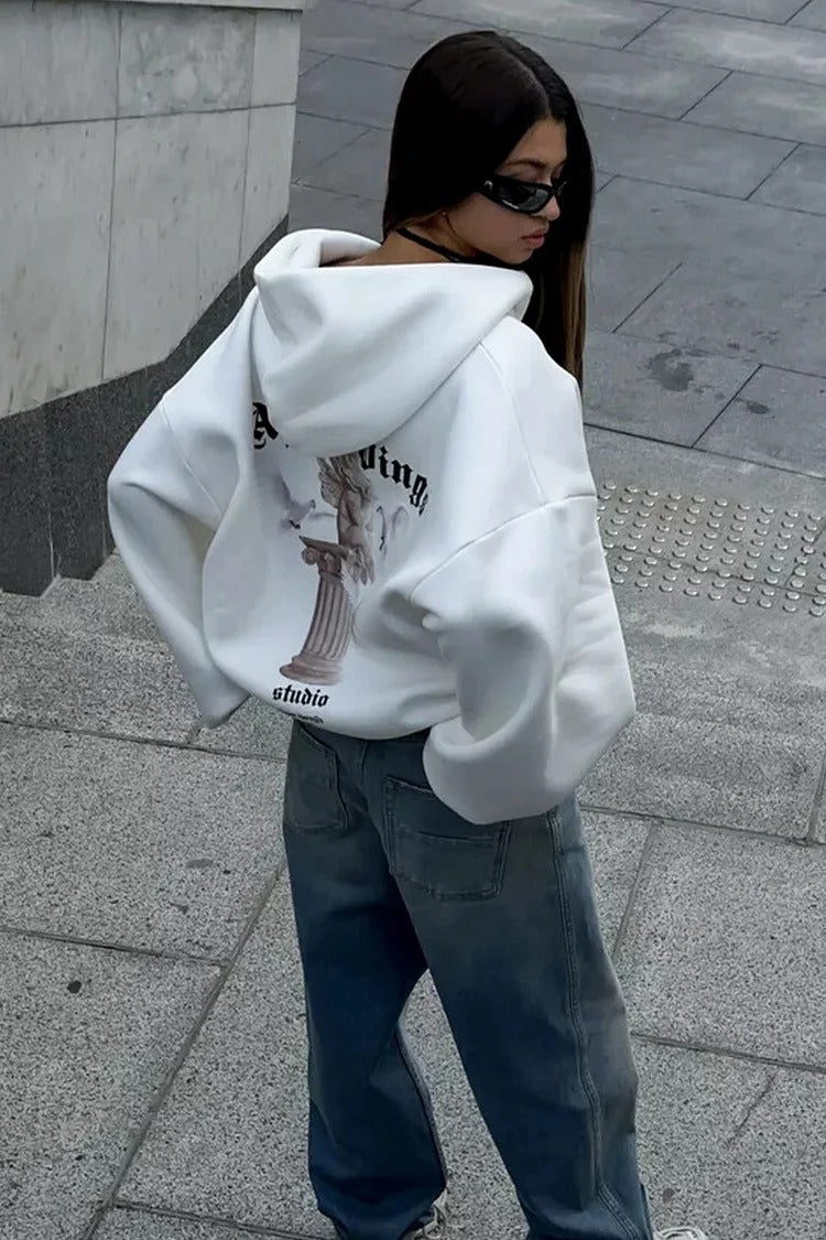Pink Angel Print Zipper Hooded Casual Loose Fit Coat - Sophia