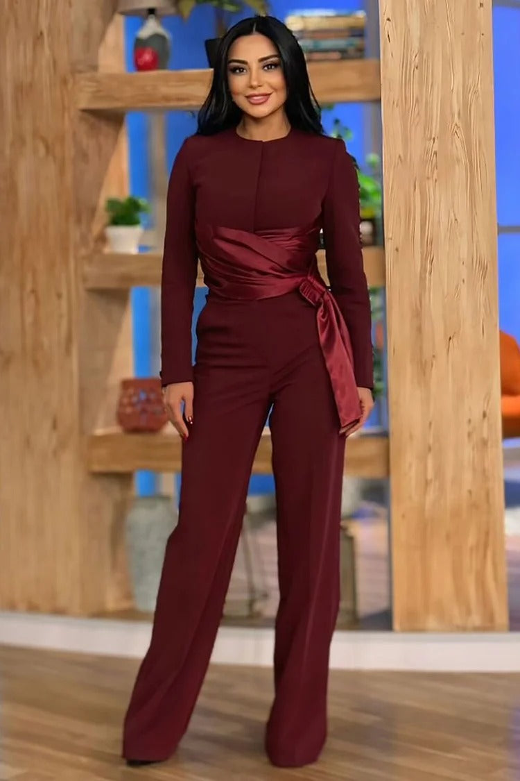 Burgundy Satin Ruched Waist Straight-Leg Jumpsuit - Valeria