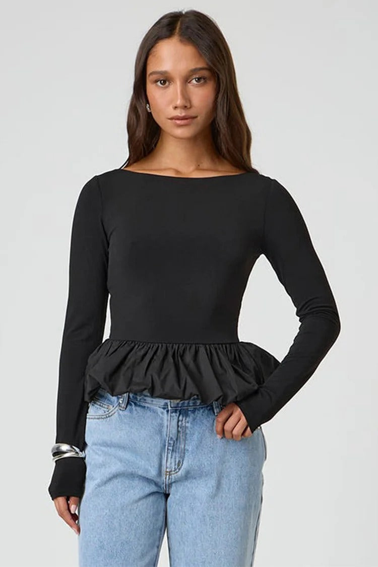 Black Ruffled Slim Fit Top - Ava