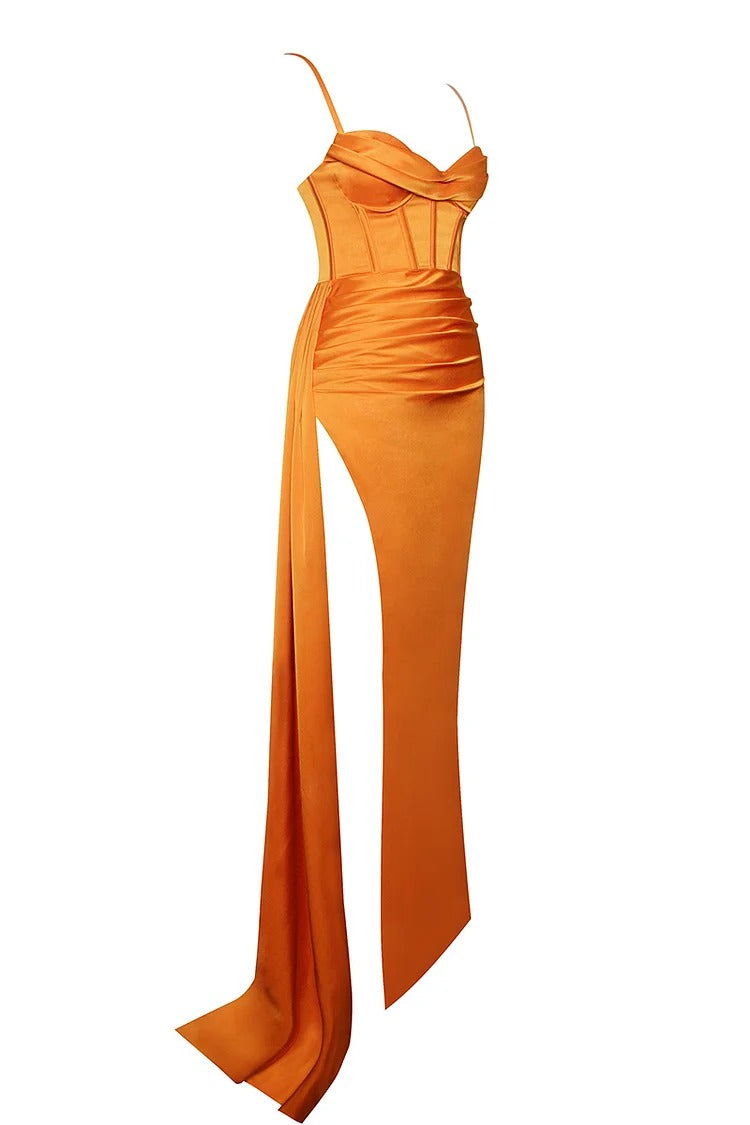 Orange Satin High-Slit Gown - Sienna