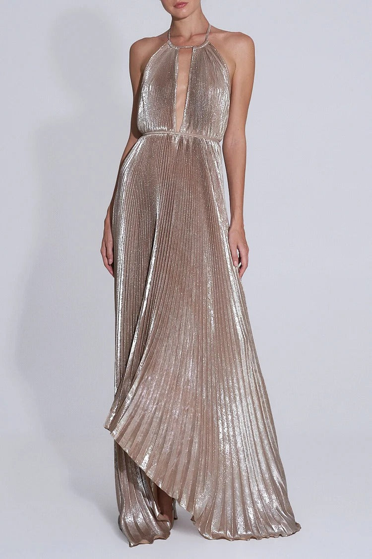 Brown Shimmering Halter Backless Maxi Dress - Liana