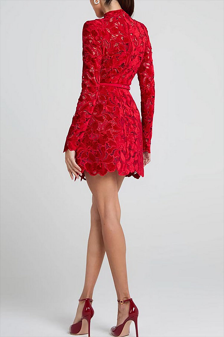 Red Floral Jacquard Mock Neck Mini - Sophia