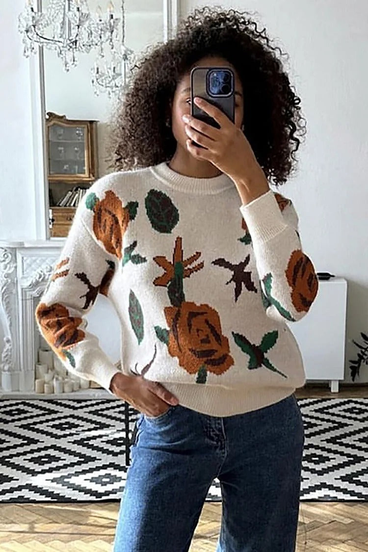 Ivory Floral Knit Round Neck Sweater - Emma
