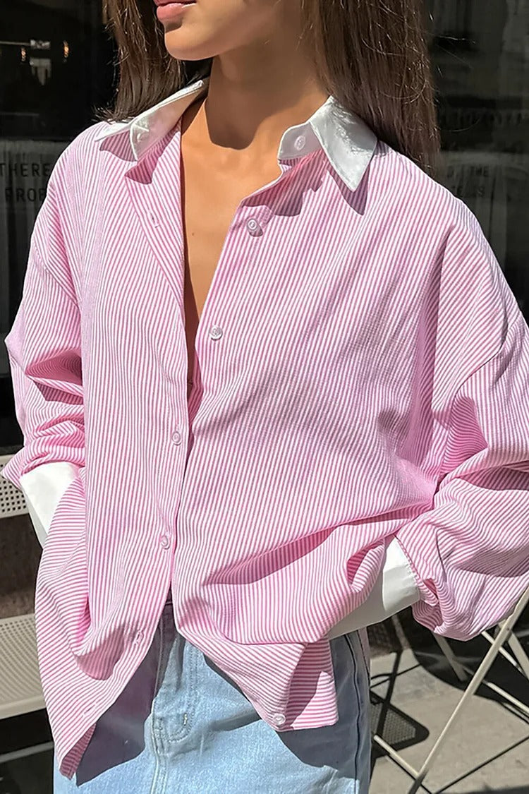Pink Pinstripe Button-Up Blouse - Emma