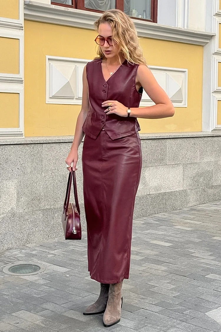 Burgundy V-Neck Sleeveless Vest & Midi Skirt Set - Olivia