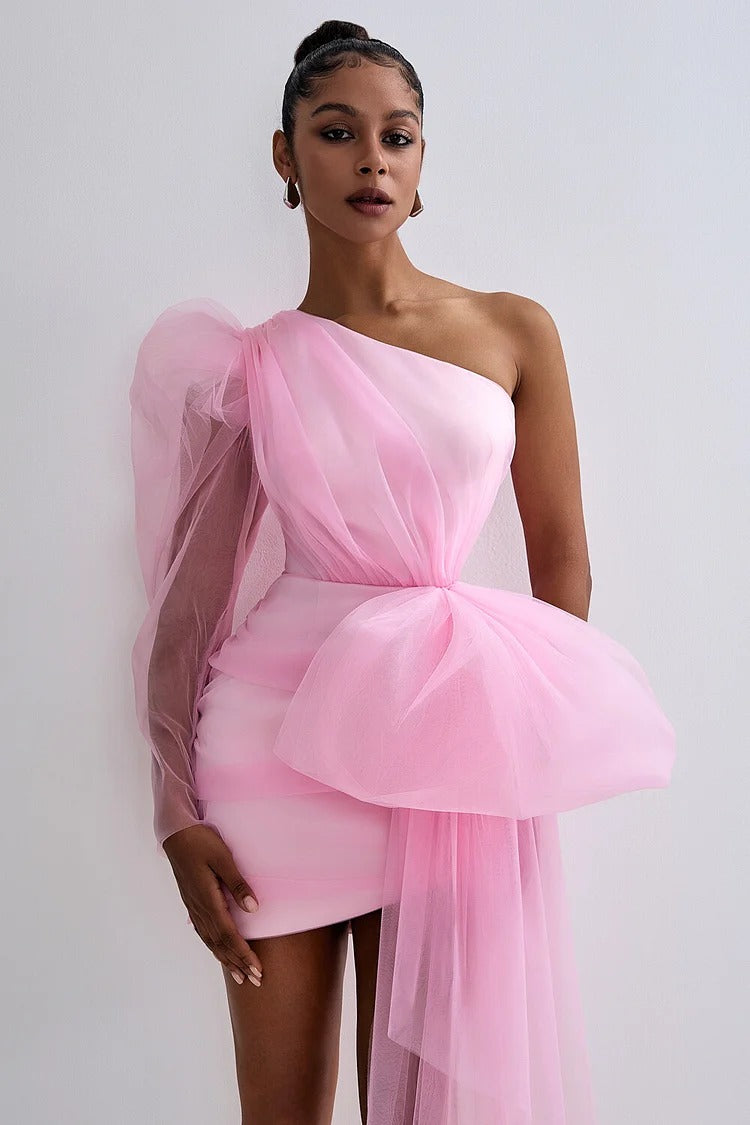 Pink Tulle One-Shoulder Bow Party Mini Dress - Amelia
