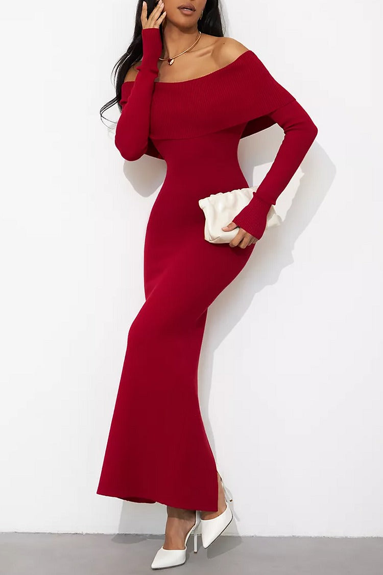 Red Knit Off Shoulder Long Sleeve Sweater Dress - Sophia