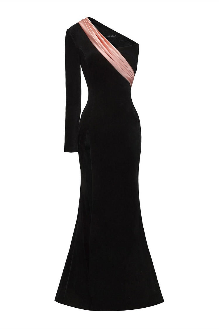 Black Velvet One-Shoulder Fishtail Dress - Harper