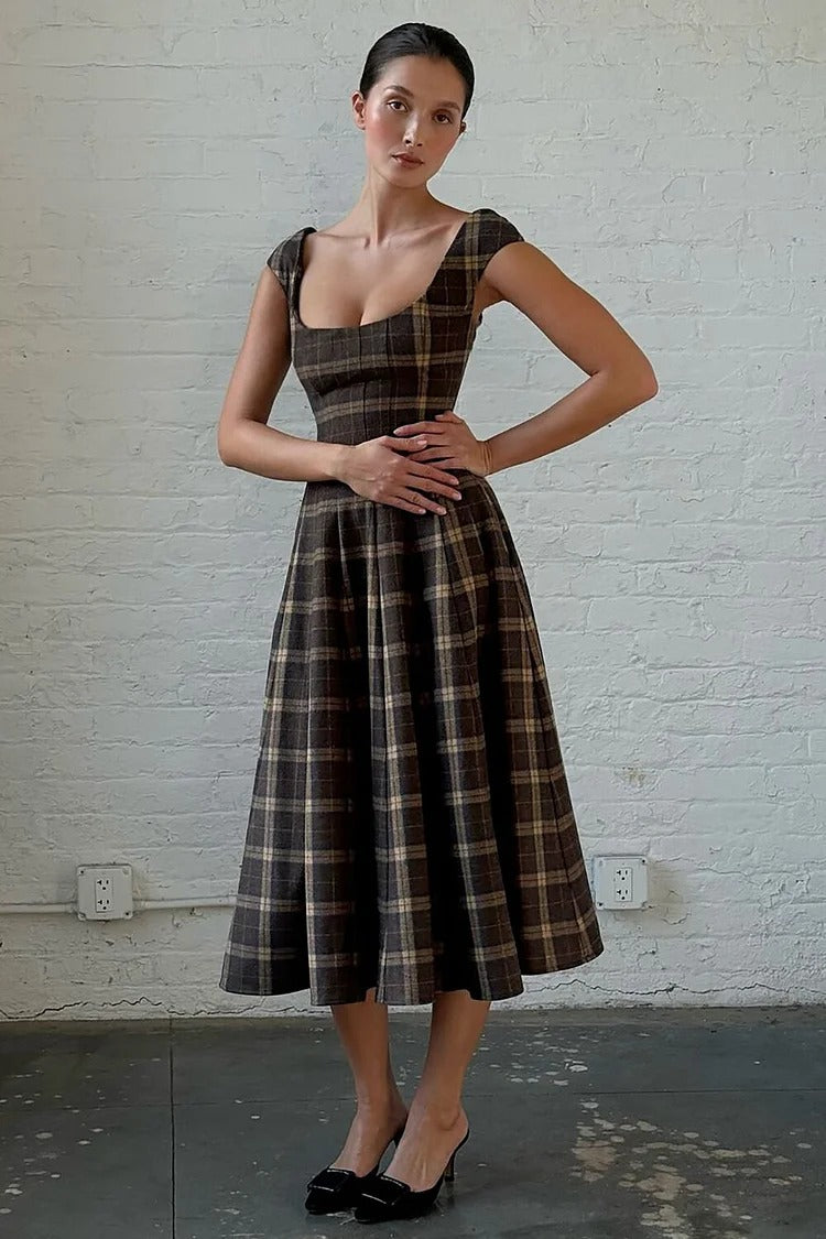 Brown Plaid Pattern A-Line Midi Dress - Sophie