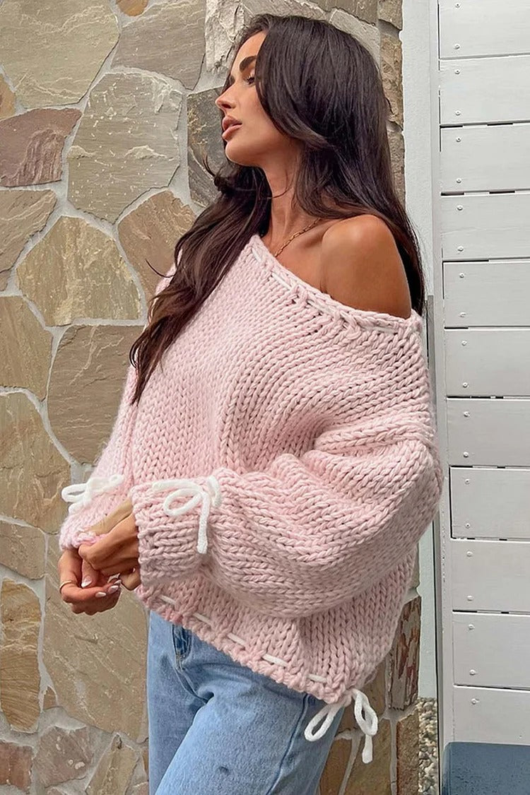 Beige Colorblock Tie-Up Knit Sweater - Ava
