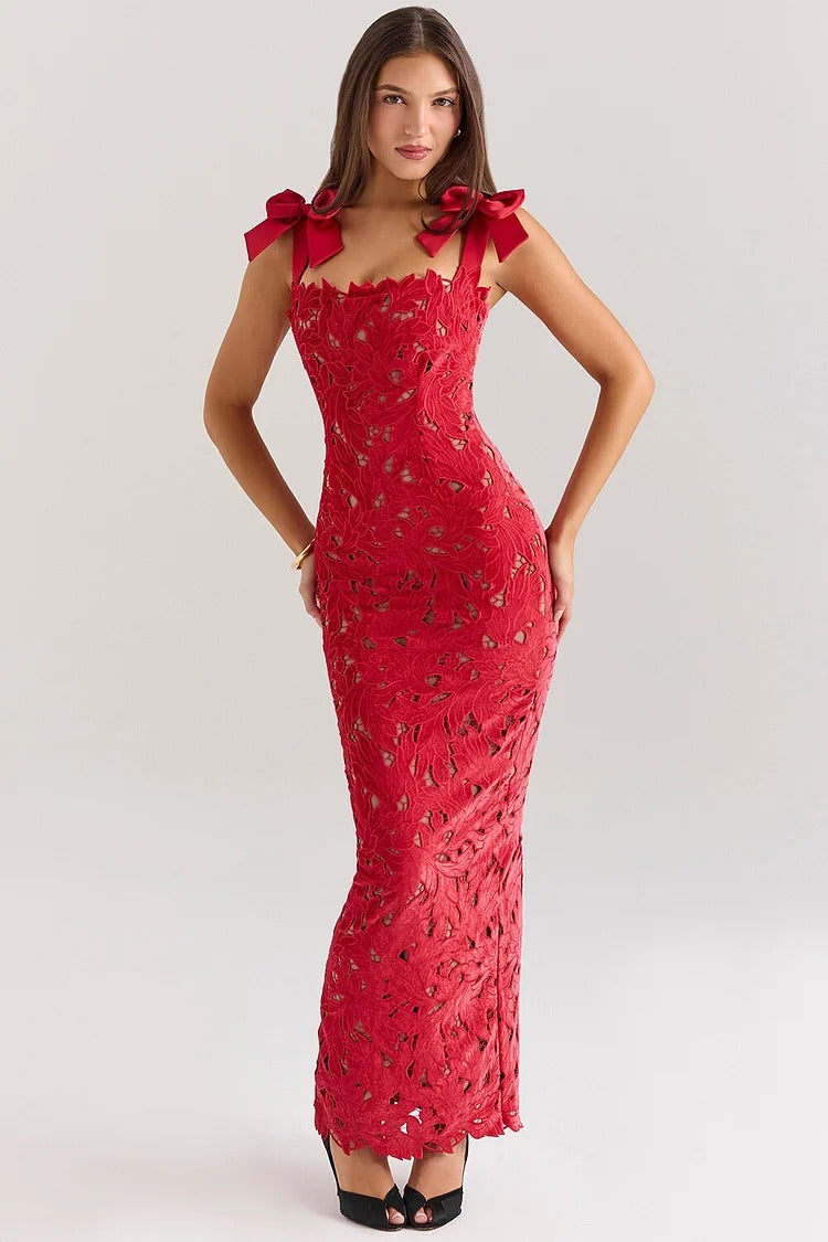 Red Floral Lace Velvet Gown - Emilia