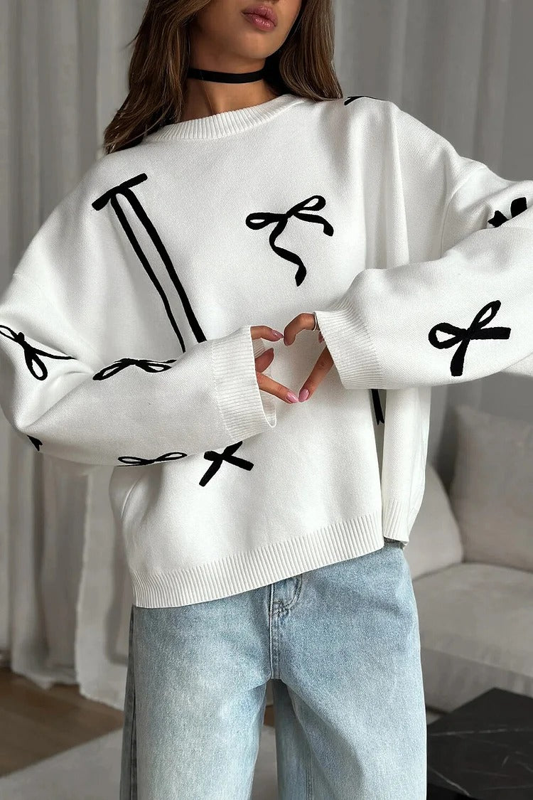 White Bowknot Knit Sweater - Sophie