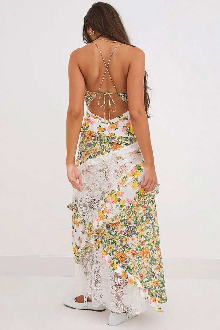 Green Floral Lace Slip Dress - Elara