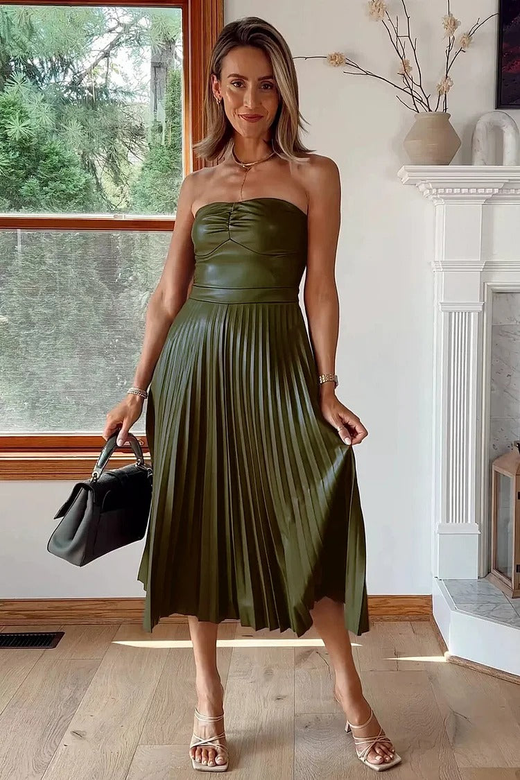 Brown Strapless Vegan Leather Midi Dress - Camille