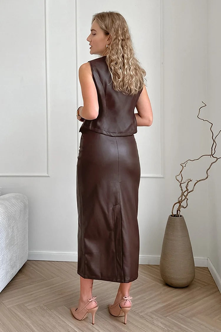 Burgundy V-Neck Sleeveless Vest & Midi Skirt Set - Olivia