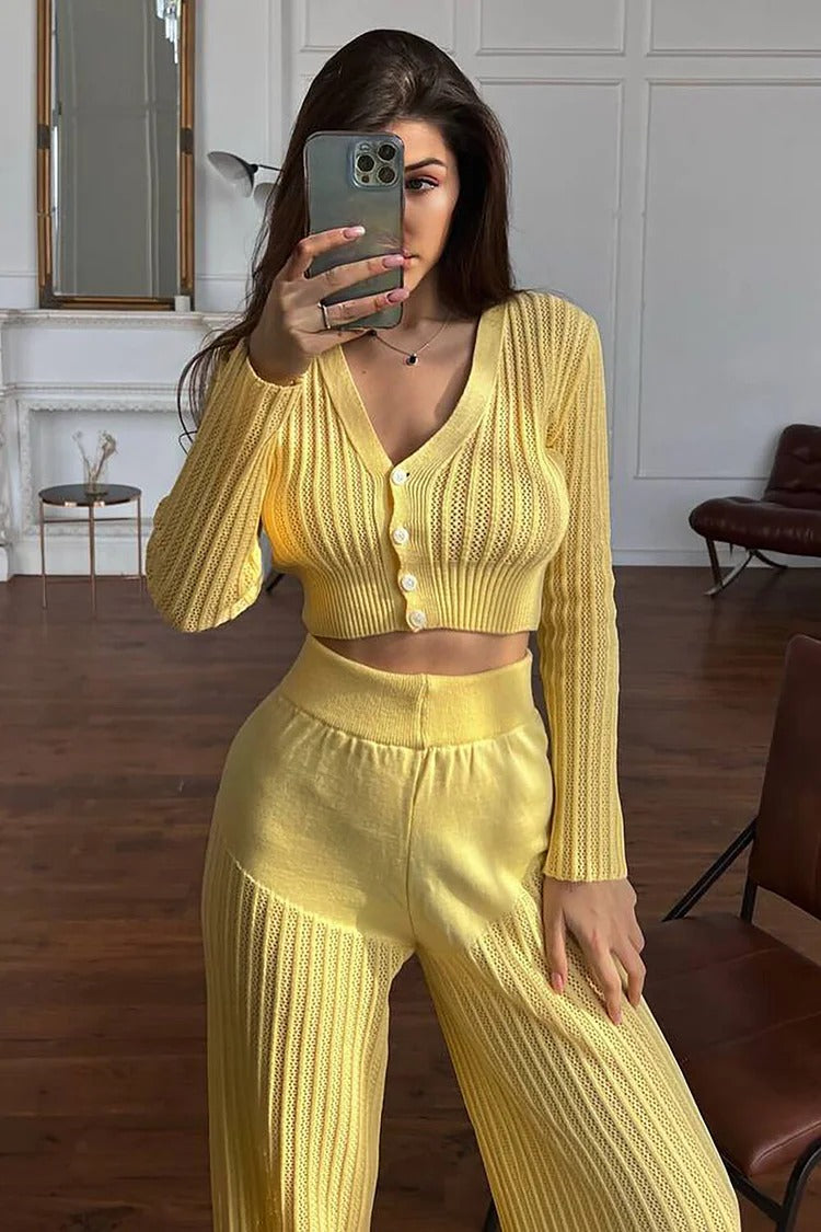 White Pleated Knit V-Neck Crop Sweater & High-Waist Pants Set - Isla