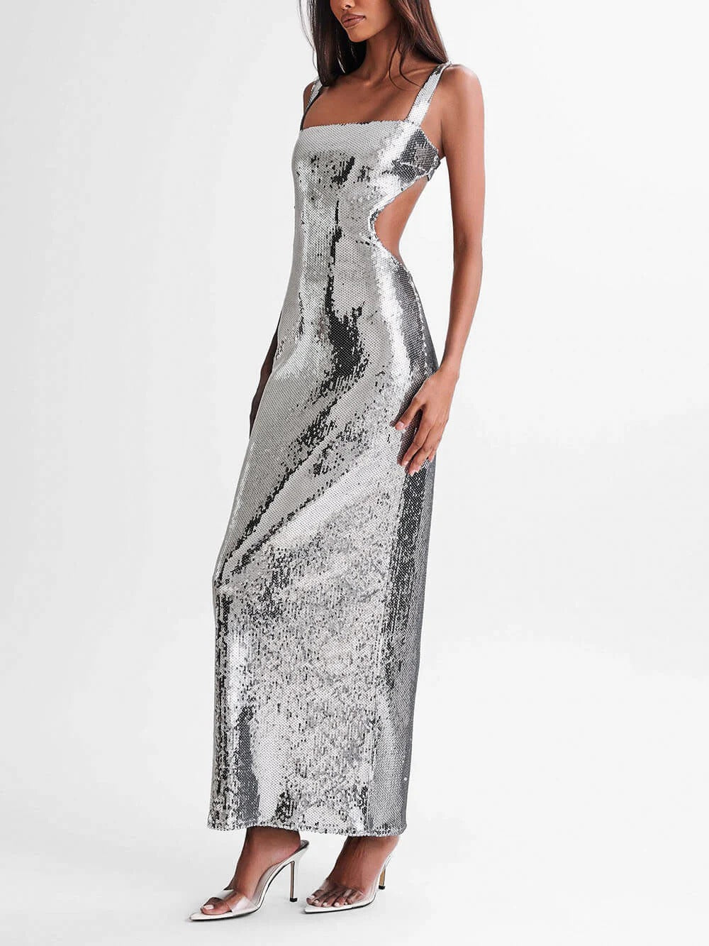 Silver Sequin Square Neck Maxi Dress - Bella