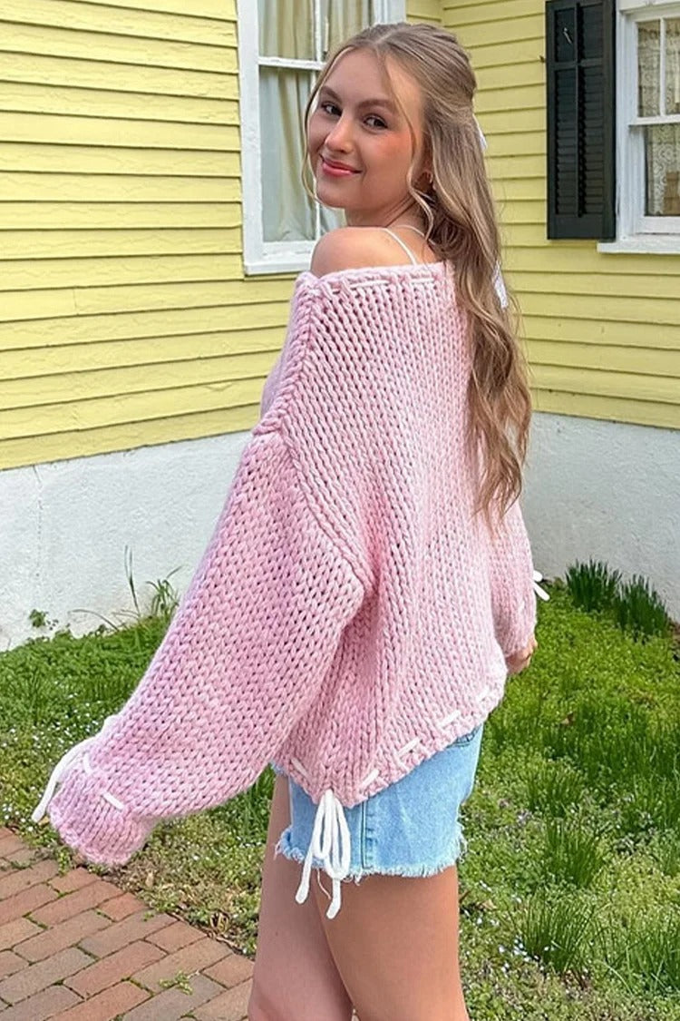 Beige Colorblock Tie-Up Knit Sweater - Ava