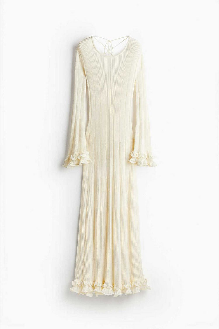 Brown Frilled Trim Flare Sleeve Pleated Backless Knit Sweater Maxi Dress - Sophia