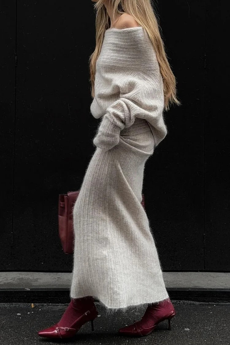 Gray Off-Shoulder Sweater Knit Set - Eva