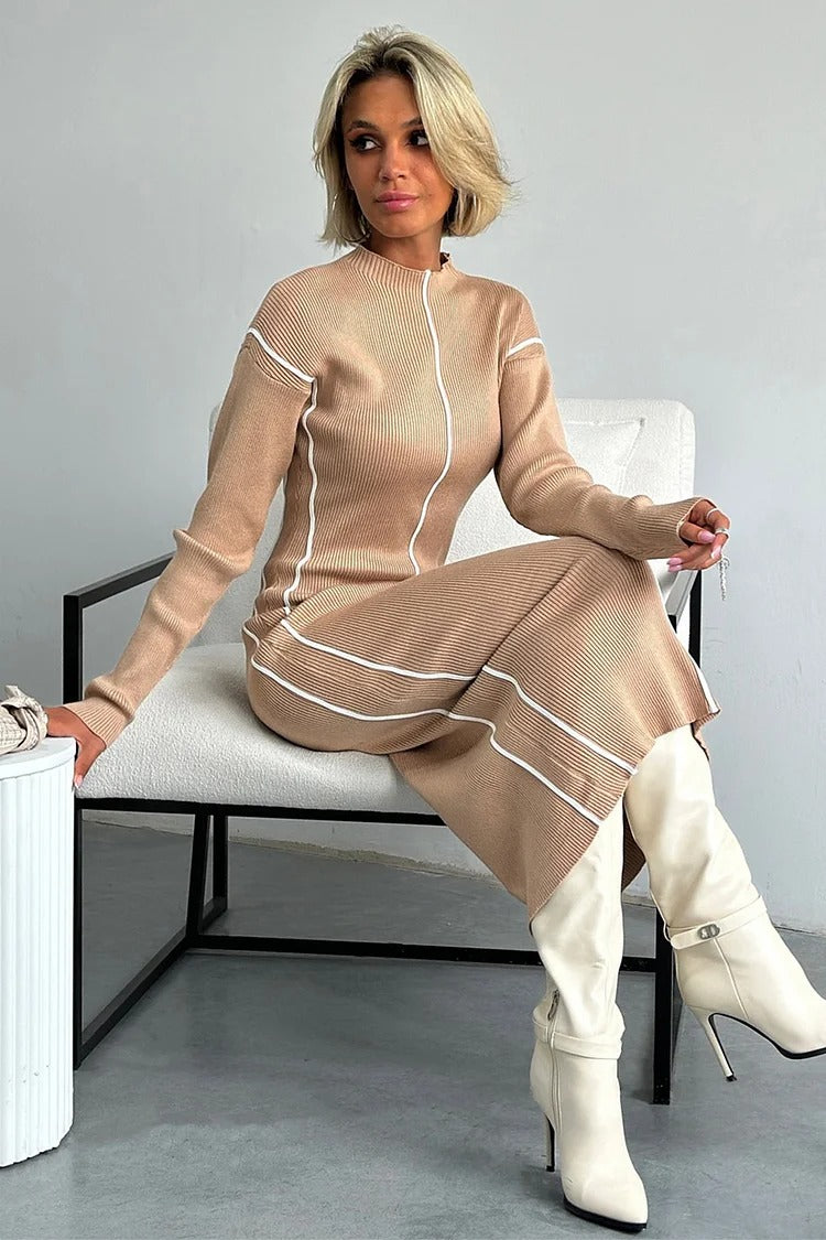 Khaki Mock Neck Midi Dress - Clara