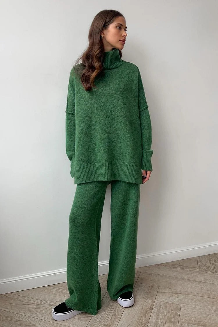 Gray Knit High Collar Sweater & Wide-Leg Pants Set - Lila